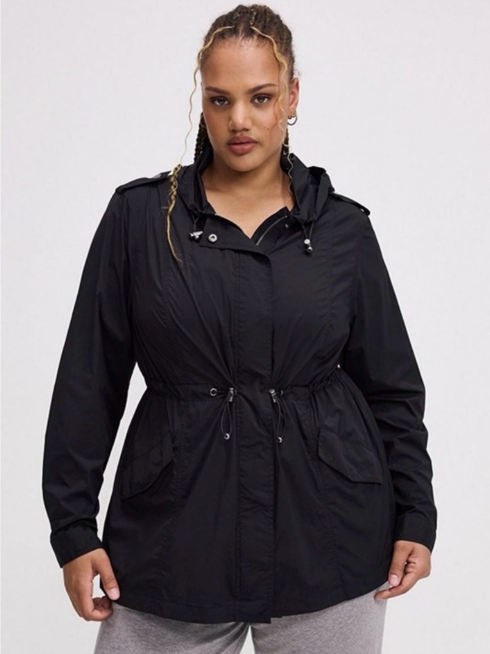 torrid Black Hooded Utility Jacket with Drawstring Waist